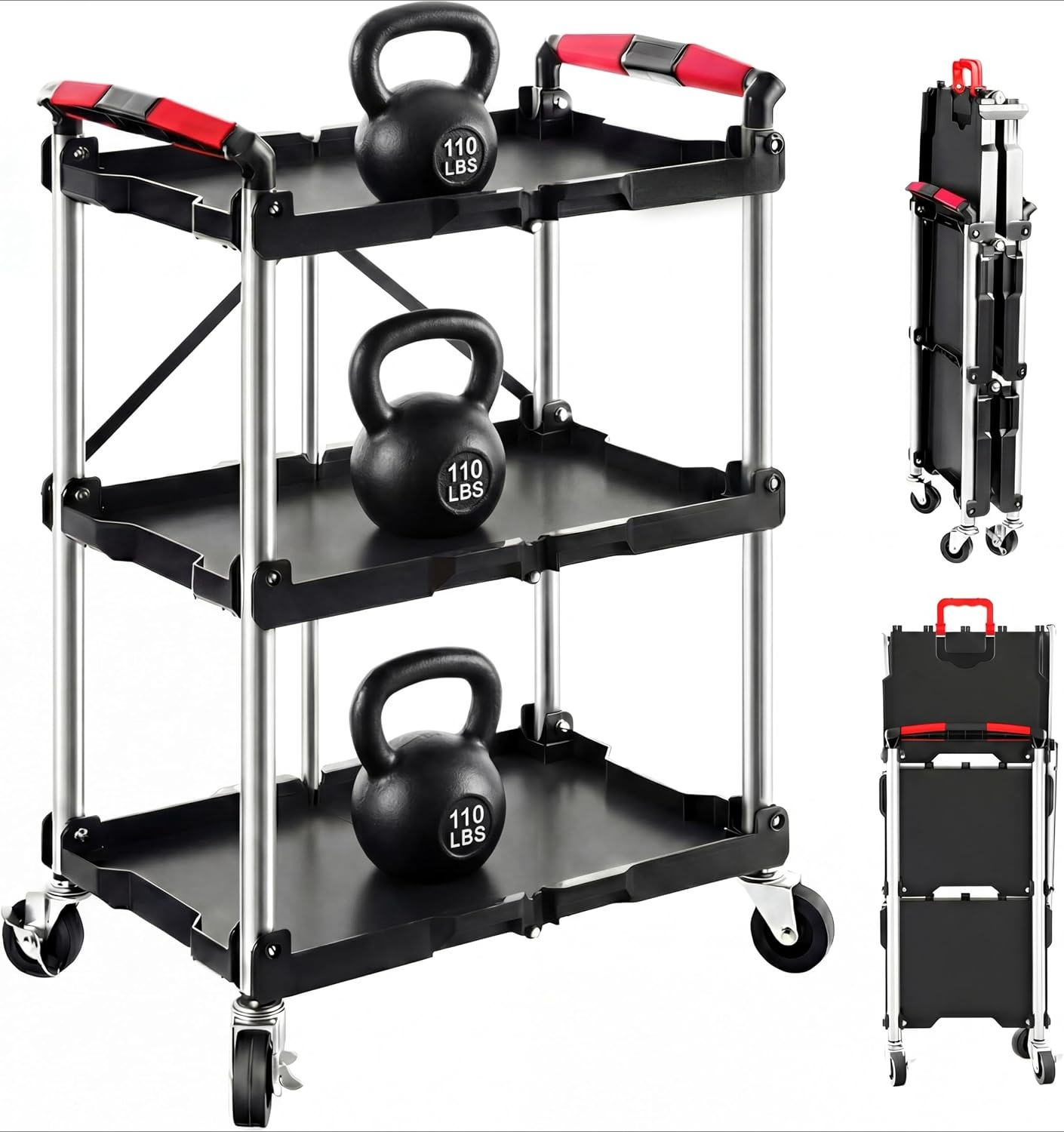 Heavy Equipment For Construction - 3-Shelf Foldable Rolling Utility Service Cart